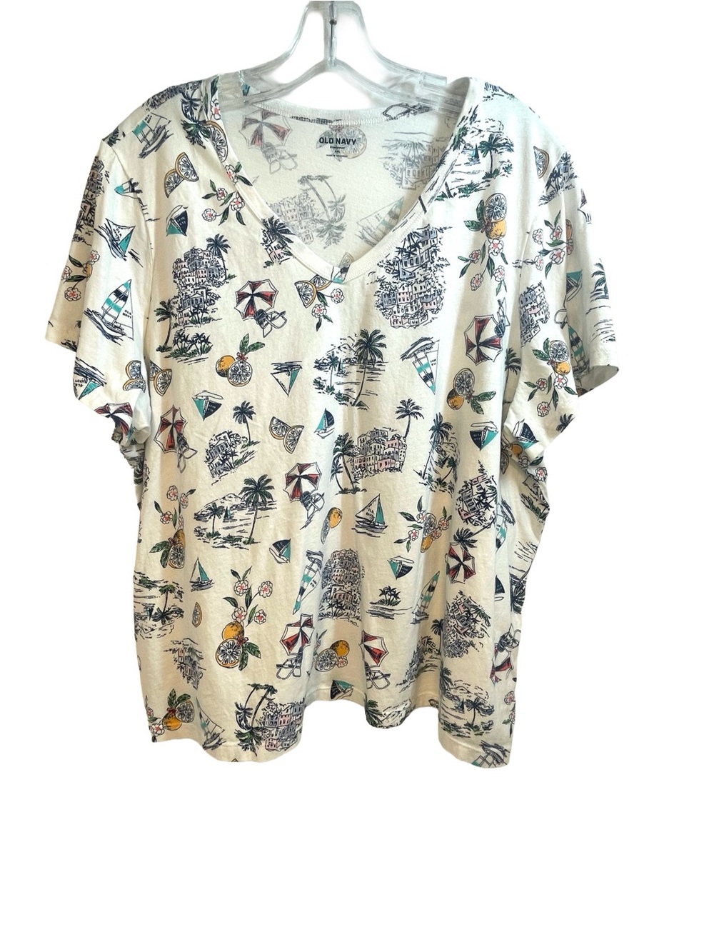 Old Navy Women’s Cream Tropical Motif V-Neck Tee Size XXL